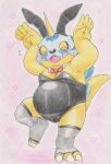  &lt;3 absurd_res animal_skin anthro bandai_namco belly blush bow_tie digimon digimon_(species) embarrassed gabumon hi_res male playboy_bunny playboy_outfit slightly_chubby solo tabasukotrr traditional_media_(artwork) yellow_body 