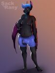  3:4 anthro bat_ears bat_wings black_body black_ears black_fur black_nose blind blue_briefs blue_clothing blue_hair blue_leggings blue_legwear blue_tongue breasts briefs bulge chiropteran claws clothed clothing feet fur glistening glistening_body glistening_clothing glistening_eyes glistening_hair glistening_skin hair hi_res leggings legwear long_tongue male mammal membrane_(anatomy) membranous_wings monotone_body navel nipples open_mouth pink_nipples purple_claws purple_eyes purple_inner_ear purple_inner_ear_fluff purple_wings sackrany signature simple_background slightly_chubby smile solo standing toe_claws tongue tongue_out topless underwear wings 