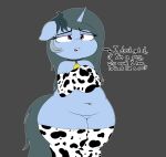  absurd_res airsicksubset animal_print belly blitzy_flair blue_body clothing cow_print cowbell dialogue english_text equid equine fan_character female friendship_is_magic grey_hair grey_tail hair half-closed_eyes hasbro hi_res horn horse legwear magic mammal my_little_pony narrowed_eyes navel open_mouth pony pudgy_belly purple_eyes slightly_chubby slightly_chubby_female solo text thick_thighs thigh_highs unicorn 