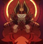  anthro clasped_hands detailed_background fin fish fur fur_tuft glowing hi_res horn jawful looking_at_viewer male marine muscular muscular_male red_body red_eyes shark solo stripes tuft 