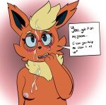  aetherouranos anthro blush bodily_fluids breasts cum cum_on_face digital_media_(artwork) eeveelution english_text eyewear female flareon genital_fluids glasses hi_res looking_at_viewer mammal nintendo nipples nude open_mouth pok&eacute;mon pok&eacute;mon_(species) simple_background solo text video_games 