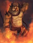  2020 6_horns abs anthro arm_spikes armpit_hair bedroom_eyes body_hair bulge charr clothed clothing digital_media_(artwork) efram_greetsglory elemental_manipulation fangs felid fire fire_manipulation fur grey_background guild_wars hand_behind_head hi_res horn inviting izrez looking_at_viewer male mammal multi_horn muscular muscular_anthro muscular_male narrowed_eyes nipples orange_background pinup pinup_pose pose scarf seductive shoulder_spikes simple_background skimpy smile solo spikes spikes_(anatomy) staff tan_body tan_fur video_games 
