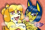  &lt;3 &lt;3_eyes 3:2 animal_crossing ankha_(animal_crossing) anthro blue_hair bodily_fluids breast_squish breasts canid canine canis choker clothing digital_media_(artwork) domestic_cat domestic_dog dripping duo egyptian_cat exposed_breasts felid feline felis female female/female frooby fur fur_coat hair hi_res isabelle_(animal_crossing) jewelry kiss_mark kissing lipstick looking_at_viewer makeup mammal necklace nintendo nipples running_makeup saliva saliva_drip saliva_on_tongue saliva_string simple_background smeared_makeup smile squish steam tongue topwear video_games yellow_body yellow_fur 