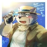  1:1 anthro blush boater_hat canid canine canis clothing domestic_dog dress_shirt embarrassed eyebrows fuyoudo624 hat headgear headwear hi_res looking_at_viewer male mammal moritaka overweight pawpads pecs shirt solo thick_eyebrows tokyo_afterschool_summoners topwear video_games 