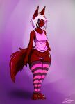  abstract_background absurd_res anthro breasts clothing demon female fluffy fluffy_tail hair hand_on_hip hi_res leg_warmers legwear lodi lodish long_ears markings panties pattern_clothing pink_clothing pink_panties pink_topwear pink_underwear red_body shirt short_hair small_breasts solo standing striped_clothing stripes tank_top topwear underwear white_hair 