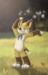  2021 4_toes anthro barefoot barley_(character) biped black_nose blue_bow_tie blurred_background bow_tie brown_body brown_ears brown_fur canid canine canis cheek_tuft chest_tuft countershade_face countershading day detailed_background digital_media_(artwork) dipstick_tail domestic_dog elbow_tufts eyebrows eyes_closed facial_tuft featureless_crotch feet fingerless_(marking) forest full-length_portrait fur grass head_tuft hi_res light lighting male mammal mostly_nude multicolored_body multicolored_fur multicolored_tail navel nude outside pandapaco pink_inner_ear plant plantigrade portrait prick_ears raised_arms signature smile solo spots spotted_body spotted_fur spread_arms standing stretching sunlight toeless_(marking) toes tree tuft white_body white_fur 