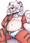  anthro anthrofied belly blep bulge clothing collar creamhound curled_hair hair hair_over_eyes hi_res hisuian_growlithe leash male navel nintendo obese overweight pok&eacute;mon pok&eacute;mon_(species) pokemon_legends_arceus slightly_chubby solo spread_legs spreading tongue tongue_out underwear video_games 