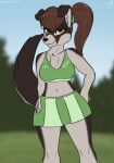  &lt;3 2021 animated anthro black_nose blurred_background blush bottomwear breasts brown_hair canid canine canis cheerleader chest_tuft clothed clothing colleen_(stargazer) digital_media_(artwork) domestic_dog female fingers flashing flexible front_view genitals hair looking_at_viewer mammal navel no_underwear one_eye_closed one_leg_up orange_eyes outside ponytail presenting presenting_pussy pussy raised_leg short_playtime skirt solo splits spread_legs spreading standing stargazer tailwag tongue tongue_out tuft upskirt vertical_splits wink 
