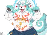  &lt;3 abs anthro asian_mythology begging begging_pose blush bottomwear clothing dragon_night800 east_asian_mythology foo_dog hi_res japanese_mythology komainu male mammal muscular muscular_anthro muscular_male mythology nipples oguchi_magami_(tas) pecs pose shorts solo tattoo tokyo_afterschool_summoners tongue tongue_out video_games yōkai 