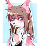  anthro blue_eyes brown_hair canid canine canis clothing domestic_dog fur girly hair hi_res lisuchi male mammal military_uniform pink_body pink_fur smile solo tanetomo tokyo_afterschool_summoners uniform video_games white_clothing 