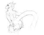  2021 anthro anus arched_back barely_visible_anus big_butt butt clothed clothing digital_media_(artwork) hi_res looking_at_viewer looking_back looking_back_at_viewer male monochrome pants_down partially_clothed raptoral raptoral_(character) sergal simple_background sketch solo topless undressing white_background 