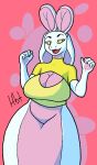  2021 anthro apode belly big_breasts boob_window breasts bunny_ears_(cosmetic) cleavage clothed clothing curvy_figure cus digital_media_(artwork) draconcopode eyebrows female haibet hands huge_breasts legless lipstick makeup naga non-mammal_breasts open_mouth open_smile palms reptile scalie serpentine shirt simple_background smile snake solo standing thick_thighs topwear voluptuous wide_hips 