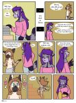  ailurid anthro black_nipples breasts brown_hair butt clothed clothing comic dialogue duo english_text eyes_closed female fiona_(artist) flat_chested fur hair happy herm_(lore) hi_res hyaenid looking_back mammal nicole_(xelaaredn) nipples purple_body purple_fur purple_hair rear_view red_panda spotted_hyena tailwag tasmin_(natani) teenager text topless towel towel_only young 