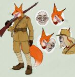  anthro belt belt_pouch canid canine clothing digital_media_(artwork) eyes_closed fangs footwear fox gun hi_res humanoid_face male mammal mask open_mouth ranged_weapon rifle shoes simple_background solo uniform weapon whiskers xenopera 