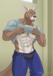  abs absurd_res anthro beastars biceps blue_bottomwear blue_clothing blue_pants bottomwear brown_body clothed clothing clothing_lift fanny_pack hi_res jabuhusky kangaroo looking_at_viewer macropod male mammal marsupial muscular muscular_anthro muscular_male nipples pants pecs raised_clothing raised_shirt raised_topwear shirt shirt_lift solo sweatpants topwear v-cut 