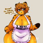  absurd_res anthro apron apron_only asagurble big_breasts breasts cleavage clothed clothing crossgender dialogue domestic_cat english_text felid feline felis female garfield_(series) garfield_the_cat hi_res mammal mostly_nude mtf_crossgender orange_body text text_on_apron text_on_clothing thick_thighs wide_hips 