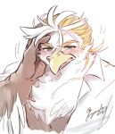  accipitrid accipitriform anthro avian beak bird blonde_hair blush clothing dress_shirt eagle embarrassed fuyoudo624 hair male shirt solo thunderbird_(tas) tokyo_afterschool_summoners topwear video_games 