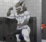  2021 anthro armpit_hair balls bathroom big_balls big_penis black_horn black_penis blue_clothing body_hair bulge canid canine canis clothing clothing_aside digital_media_(artwork) duo erection flexing flexing_bicep flexing_muscle fox fur genitals hair hi_res horn huge_penis humanoid_genitalia humanoid_penis hybrid hyper hyper_genitalia hyper_penis inside jockstrap jockstrap_aside jockstrap_only locker locker_room male male/male mammal muscular muscular_anthro muscular_male neck_tuft nipples nude pecs peeking penis red_body red_fur shy smile standing teeth tuft underwear underwear_aside viki vikifox wolf 