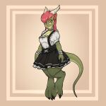  1:1 2021 absurd_res anthro barefoot border breasts brown_border claws clothed clothing digital_media_(artwork) feet female fully_clothed green_body hair hi_res horn looking_at_viewer louart pink_hair scalie simple_background solo toe_claws 