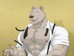  2021 abs absurd_res anthro beastars biceps brown_body brown_nose button_pop claws clothed clothing dress_shirt hi_res jabuhusky male mammal muscular muscular_anthro muscular_male necktie open_clothing open_shirt open_topwear pecs riz_(beastars) shadow shirt simple_background smile solo teeth topwear ursid 