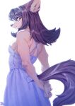  accessory amber_eyes anthro aruurara black_hair black_tail blue_clothing blue_dress breasts butt_pose canid canine canis clothed clothing domestic_dog dress female fluffy fur furgonomics glance hair hair_accessory hairband hands_behind_back hi_res kemono looking_at_viewer looking_back mammal medium_length_hair pose shoulder_blades side_boob slight_smile solo tan_body tan_fur 