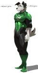  135:256 4k absurd_res anthro bodysuit canid canine canis clothing cxcxxcxxxx domestic_dog english_text green_lantern green_lantern_ring hi_res male mammal muscular muscular_anthro muscular_male pecs shy skinsuit solo spandex superhero text tight_clothing 