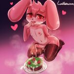  &lt;3 1:1 alien anthro balls birthday birthday_cake blush bodily_fluids buckteeth cake candle clothing coco_(picturd) cum cum_on_food cum_on_leg cum_on_self dessert domestic_rabbit finger_fetish finger_lick finger_play fingers floppy_ears food food_fetish food_play fur genital_fluids genitals girly hair hands_behind_back humanoid_genitalia humanoid_penis kneeling lagomorph legwear leporid licking looking_at_viewer lop_ears lop_rabbit lumineko male mammal metroid metroid_(species) nintendo nipples nude open_mouth oryctolagus penis rabbit red_body red_eyes red_fur red_hair solo teeth thigh_highs tongue tongue_out video_games 