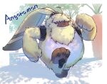  ahoge angoramon anthro bandai_namco belly digimon fur hair hair_over_eyes hi_res long_ears male obese overweight pawpads running solo tro_pikaru yellow_body yellow_fur 