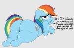  airsicksubset big_butt blue_body butt butt_focus cutie_mark dialogue english_text equid equine female feral friendship_is_magic hair hasbro hi_res looking_at_viewer looking_back looking_back_at_viewer lying mammal multicolored_hair my_little_pony on_front pegasus rainbow_dash_(mlp) simple_background slightly_chubby solo sploot talking_to_viewer text thick_thighs wings 