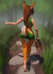  animal_humanoid anthro big_butt butt cervid clothed clothing cloven_hooves dappled_fur detailed_background dryad female fetlocks hair hi_res hooves humanoid kirena-kaya mammal plant_clothing solo treesong watering_can 