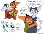  anthro blue_body blue_eyes blue_fur blush bodily_fluids clank_(ratchet_and_clank) clenched_teeth comic crying english_text fangs female fur green_eyes group hug implied_pregnancy insomniac_games kissing kit_(ratchet_and_clank) lombax machine male mammal naiacreations orange_body orange_fur pregnant prosthetic prosthetic_arm prosthetic_limb ratchet ratchet_and_clank rivet_(ratchet_and_clank) robot romantic romantic_couple sony_corporation sony_interactive_entertainment speech_bubble stripes tears tears_of_joy teeth text video_games yellow_body yellow_fur 