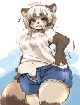  2021 anthro belly big_breasts blue_bottomwear blue_clothing blue_eyes blue_shorts blush bodily_fluids bottomwear breasts canid canine chubby_female clothed clothing ear_tuft female fingers fur hair kemono looking_down mammal multicolored_body multicolored_fur narrowed_eyes neck_tuft nipple_outline open_mouth raccoon_dog setouchi_kurage shirt shorts simple_background solo standing sweat sweatdrop tanuki topwear tuft two_tone_body two_tone_fur white_clothing white_hair white_shirt white_topwear 