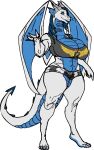  anthro big_breasts bigbig blue_eyes blue_hair bottomwear breasts camo camo_print clothing dragon fassalia_dracher female flat_colors hair horn ice_dragon ice_dragoness long_neck looking_at_viewer scalie shirt shorts skianous solo spade_tail tank_top topwear western_dragon white_body wings 