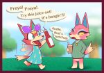  animal_crossing anthro audie_(animal_crossing) border canid canine canis clothed clothing cute_fangs english_text eyewear eyewear_on_head fangs female food freya_(animal_crossing) glasses humor ketchup ketchup_bottle mammal nintendo r-mk red_border speech_bubble standing sunglasses sunglasses_on_head text video_games wolf 