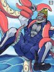  3:4 abs ambiguous_gender anthro beard blue_clothing bulge clothing duo facial_hair grey_body hi_res male male/ambiguous mammal marine muscular muscular_anthro muscular_male my_hero_academia outside pecs pinniped seal selkie_(my_hero_academia) sky spotted_seal suckers suction_cup tentacle_monster tentacles vier_punksterne water wetsuit whiskers 