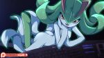  16:9 arm_support butt female green_hair hair hi_res humanoid kirlia looking_at_viewer lying mgx0 nintendo on_front one-punch_man one_(manga) open_mouth pok&eacute;mon pok&eacute;mon_(species) pseudo_hair solo tatsumaki video_games white_body widescreen 