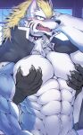  2017 abs alternate_version_at_source anthro belly biceps big_muscles black_markings black_nose blonde_hair blue_body blue_eyes blue_fur blue_sky blue_theme bodily_fluids body_hair canid canine canis cape chest_tuft clothing collar countershade_arms countershade_face countershade_fur countershade_hands countershade_neck countershade_torso countershading cygni day detailed_background digital_media_(artwork) disembodied_hand duo ear_piercing eyebrows facial_markings fangs fenrir_(housamo) fur glistening glistening_arms glistening_body glistening_fur glistening_nose glistening_tongue hair half-length_portrait hand_behind_head happy_trail head_markings hi_res inside kemono long_hair looking_at_viewer male mammal markings mostly_nude muscular muscular_anthro muscular_male navel neck_tuft nipples obliques open_mouth pecs piercing pink_tongue portrait pupils shaded sharp_teeth sky slit_pupils solo_focus spiked_collar spikes standing sweat sweatdrop teeth thick_eyebrows tokyo_afterschool_summoners tongue translucent translucent_hand tuft video_games white_belly white_body white_countershading white_eyebrows white_fur window wolf 