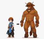  abs anthro arm_tuft arrow belt blue_robe body_hair bottomwear bovid bovine brown_body brown_fur brown_hair cattle child clothing cowbell digitigrade european_mythology foot_tuft footwear fur genitals greek_mythology grey_eyes growth hair hair_over_eyes happy_trail highland_cattle hooves horn human humanoid_genitalia male mammal minotaur muscular muscular_anthro mythology neck_tuft nude pants penis pink_nose satchel sheathed_weapon shoes simple_background solo standing tail_tuft transformation tuft white_background wrist_tuft yojoo young 