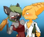  2018 adrian_(adrianlombaxy) alcohol anthro beer beverage big_breasts blonde_hair blue_background blue_eyes blush breasts bubble chest_tuft cleavage clothed clothing digital_media_(artwork) dress_shirt drunk drunk_bubble duo ear_piercing ear_ring eyelashes felid feline female fingers fur green_eyes green_hair grey_body grey_fur grey_spots hair hand_on_hip hyaenid inner_ear_fluff lombax looking_at_another male mammal multicolored_body multicolored_fur piercing ratchet_and_clank sandwich-anomaly sharp_teeth shirt simple_background smile sony_corporation sony_interactive_entertainment spots spotted_body spotted_fur spotted_hyena substance_intoxication tank_top teeth terri_(foxiwan) tongue tongue_out topwear tuft video_games yellow_body yellow_fur 