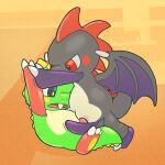  1:1 absurd_res anthro argon_vile black_body blush bub bub_(bubble_bobble) bubble_bobble bubble_dragon claws develon_(bubble_bobble) digital_media_(artwork) dragon duo erection frottage genitals green_body hi_res male male/male nude open_mouth penis red_eyes reptile scalie sex simple_background taito tongue video_games wings 