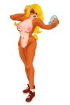 absurd_res activision anthro bandicoot big_breasts blonde_hair breasts clothing crash_bandicoot_(series) digital_media_(artwork) female footwear footwear_only genitals hair hi_res holding_object lipstick makeup mammal marsupial milin mostly_nude nipples simple_background solo standing tawna_bandicoot thick_thighs video_games 