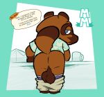  aloha_shirt animal_crossing anthro backsack balls blue_eyes brown_body brown_fur butt canid canine clothed clothing english_text fur genitals hi_res male mammal nintendo pants_down partially_clothed pattern_clothing pattern_shirt pattern_topwear presenting presenting_hindquarters raccoon_dog shirt solo tanuki text tom_nook_(animal_crossing) topwear torquewintress video_games 