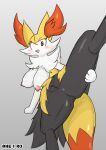  anthro anthrofied big_breasts blush braixen breasts canid canine eyelashes female fox fur genitals hi_res huge_breasts huge_nipples looking_at_viewer mammal multicolored_body multicolored_fur ne_i_ro nintendo pok&eacute;mon pok&eacute;mon_(species) presenting presenting_pussy pussy raised_leg simple_background solo video_games watermark 