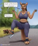  2021 after_transformation annoyed anthro blue_eyes bottomwear breasts brown_body brown_hair clothing day dialogue english_text female hair hi_res kangaroo macropod mammal marsupial miltonholmes open_mouth outside pants pawpads road shirt solo tank_top text topwear torn_shoes 