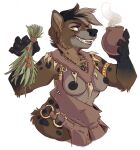  2020 5_fingers anthro areola black_nipples breasts brown_body brown_fur clothed clothing ear_piercing female fingers fur hi_res holding_object hyaenid jewelry mammal mlice necklace nipples open_mouth piercing pottery simple_background solo steam teeth topwear white_background yellow_eyes 
