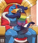  anthro armpit_hair avian balls beak bird blue_body body_hair bottomless chair clothed clothing duo erection feathers furniture genitals hand_on_butt hi_res kaby_(mangawoof) king_dedede kirby_(series) male male/male multicolored_clothing multicolored_topwear nintendo nipples pecs penguin penis rainbow_clothing rainbow_topwear red_robe shirt sitting tank_top throne topwear toucan video_games vier_punksterne 