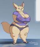 2020 aggressive_retsuko anthro arms_crossed_under_breasts belly big_breasts big_ears blue_clothing blue_shirt blue_topwear bottomwear breasts canid canine cleavage cleavage_cutout clothed clothing crossed_arms erect_nipples eyes_closed female fennec fenneko flip_flops fluffy fluffy_tail footwear fox grey_background hi_res huge_breasts mammal nipples overweight overweight_female sandals sanrio shirt shorts simple_background slightly_chubby solo standing thick_thighs tight_clothing topwear translucent translucent_clothing wide_hips xxsparcoxx 