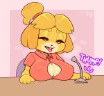  animal_crossing anthro big_breasts blonde_hair breasts canid canine canis chair cleavage clothed clothing desk domestic_dog dress_shirt female frumples furniture gynomorph_(lore) hair isabelle_(animal_crossing) looking_pleasured mammal microphone nintendo purple_background shih_tzu shirt simple_background sitting solo tongue tongue_out topwear toy_dog video_games yellow_body 