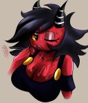  absurd_res big_breasts black_hair bodily_fluids breasts cleavage clothed clothing female hair helluva_boss hi_res horn horned_humanoid humanoid millie_(vivzmind) nathanatwar not_furry red_body solo sweat 