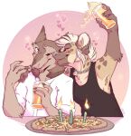 &lt;3 2021 alcohol anthro beer beverage biped birthday brown_body brown_fur candle chain_necklace clothed clothing duo ear_piercing facial_piercing food fur hi_res holding_beverage holding_object hyaenid licking mammal mlice mlice_(character) nose_piercing nose_ring one_eye_closed piercing pizza raised_arm rakipu romantic romantic_couple sergal shirt tongue tongue_out topwear 
